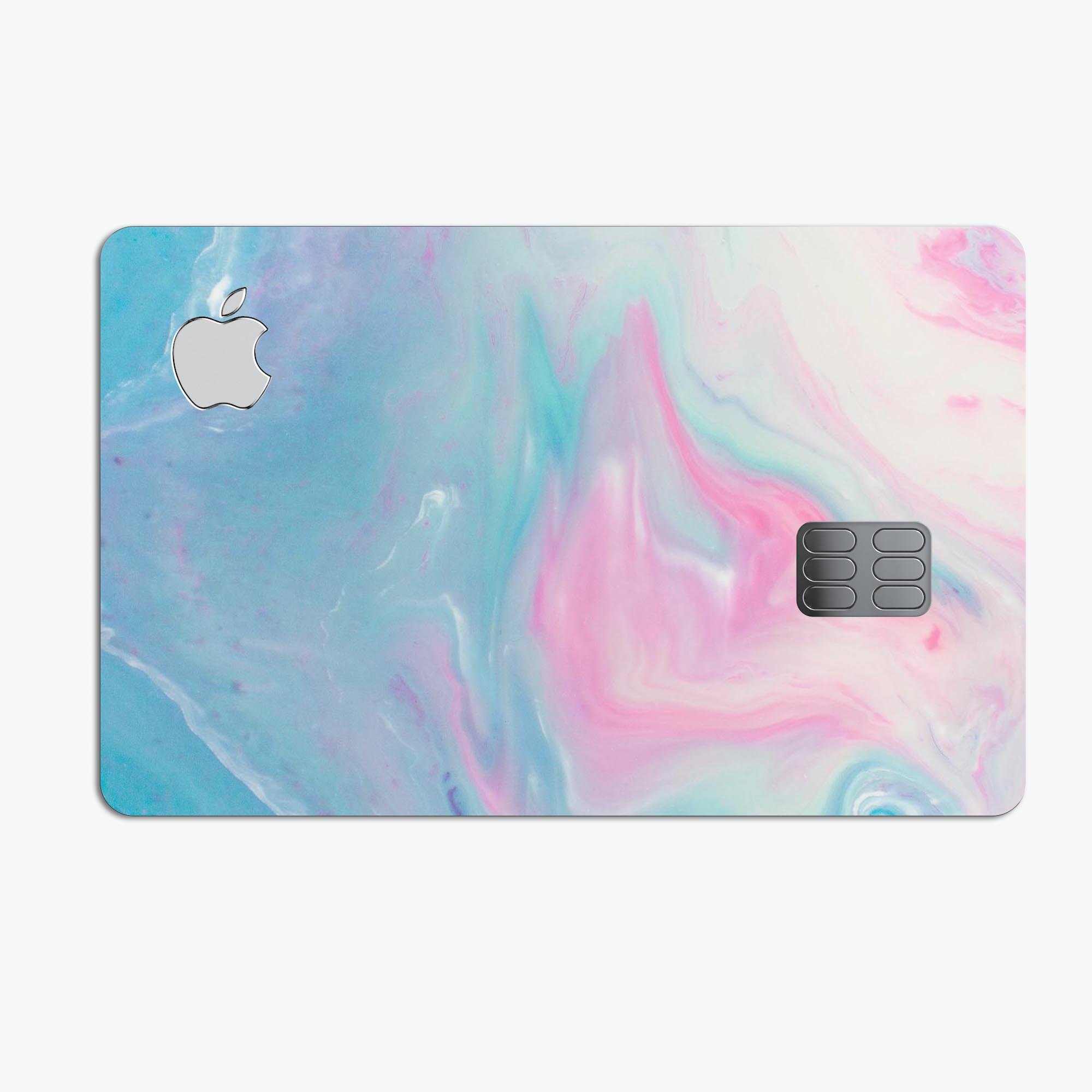 Marbleized Pink and Blue Paradise V482 decal applied on an Apple Card, showcasing its stylish design and premium finish.